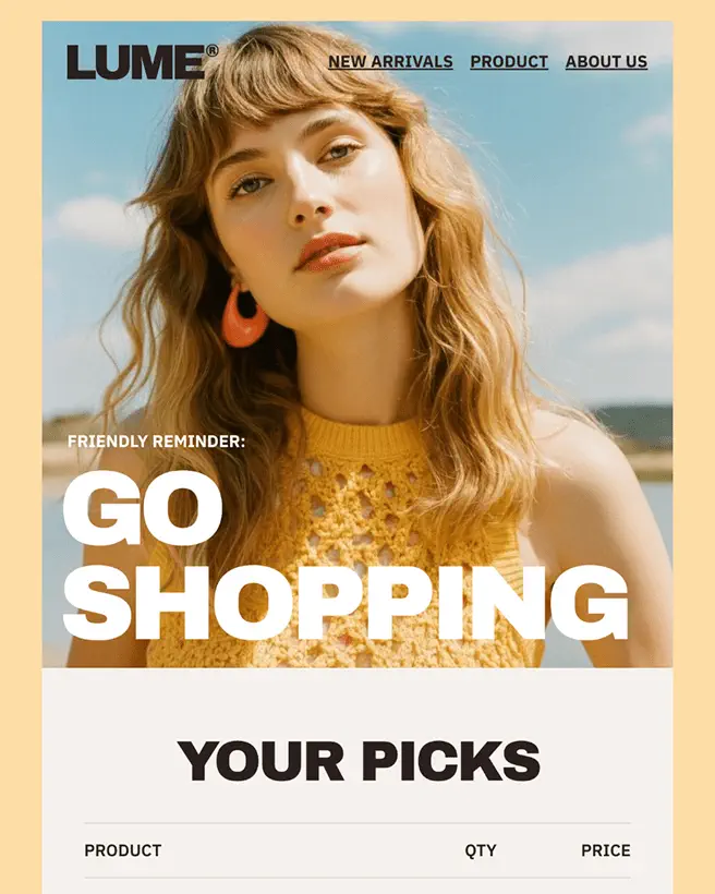 Woman with wavy hair and orange hoop earrings against a blue sky