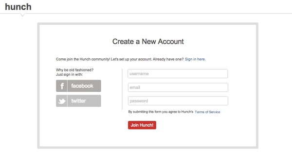 Hunch Sign Up Form Wireframe Template