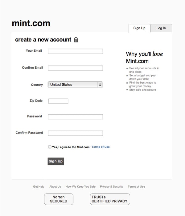 Mint.com Sign Up wireframing template