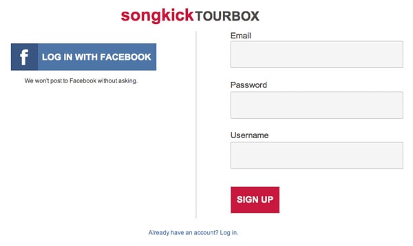 SongKick Sign Up Form Wireframing Template