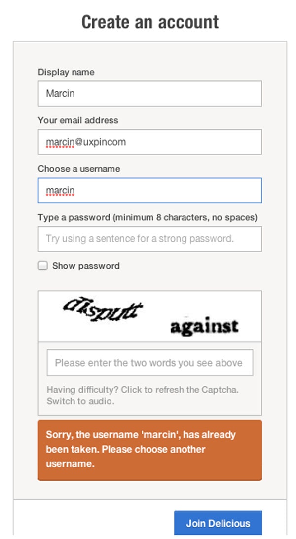 Delicious Form Validation Error Message - UI Design Pattern