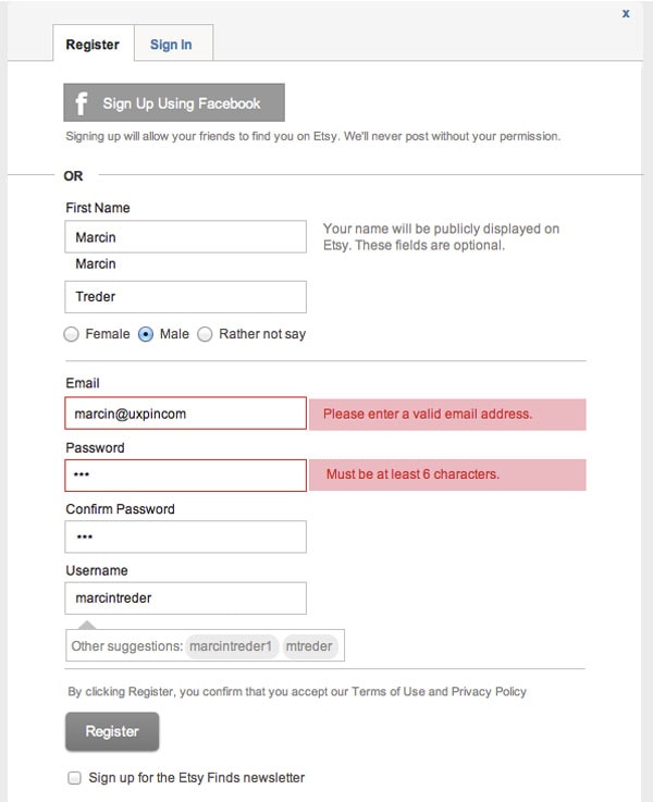 Etsy Form Validation Error Message Wireframing Template