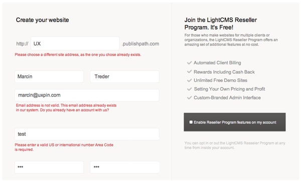 Light CMS Form Validation Wireframing Template