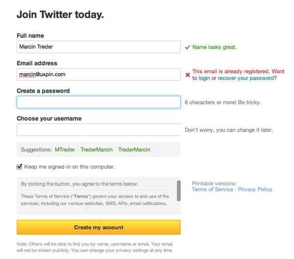 Twitter Form Validation Error UI Design Pattern