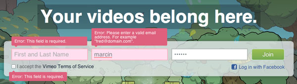 Vimeo Form Validation Error Message UI Design Pattern