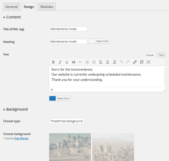Design tab - WP Maintenance Mode