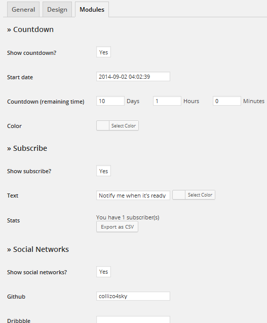 Modules tab - WP Maintenance Mode