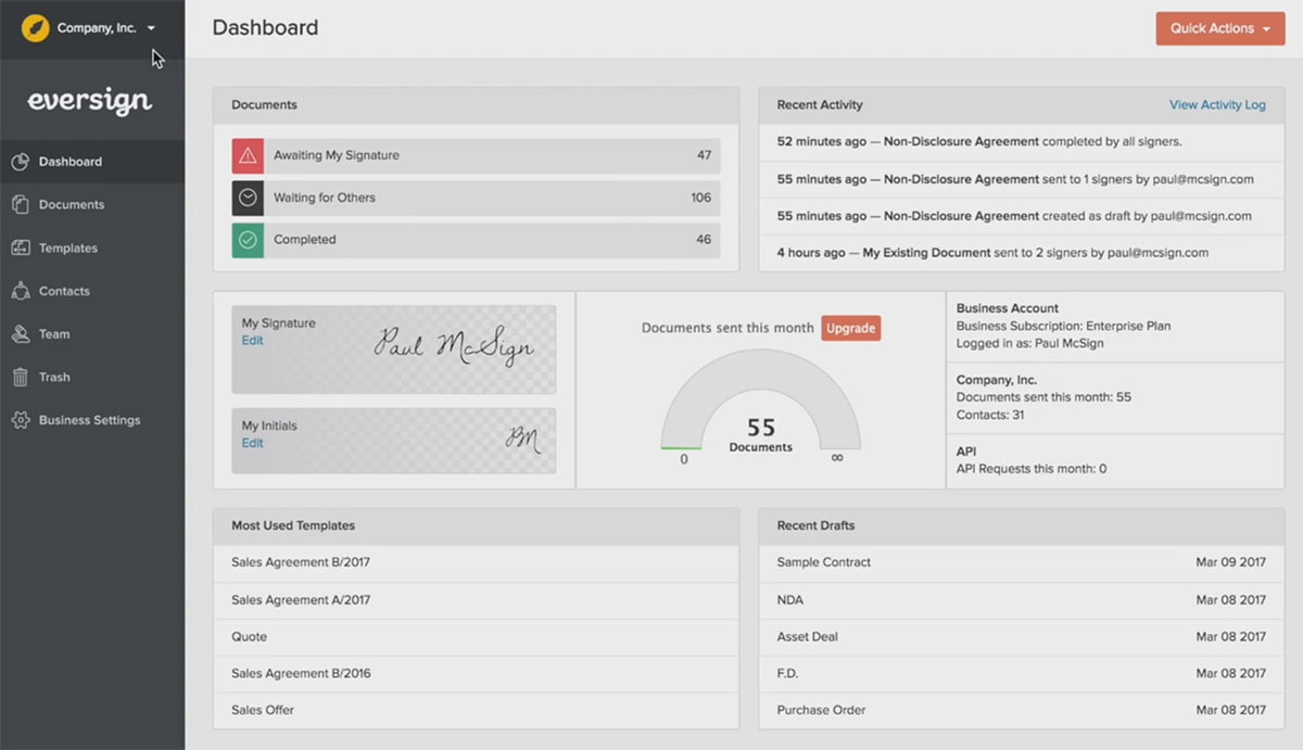 Eversign Dashboard