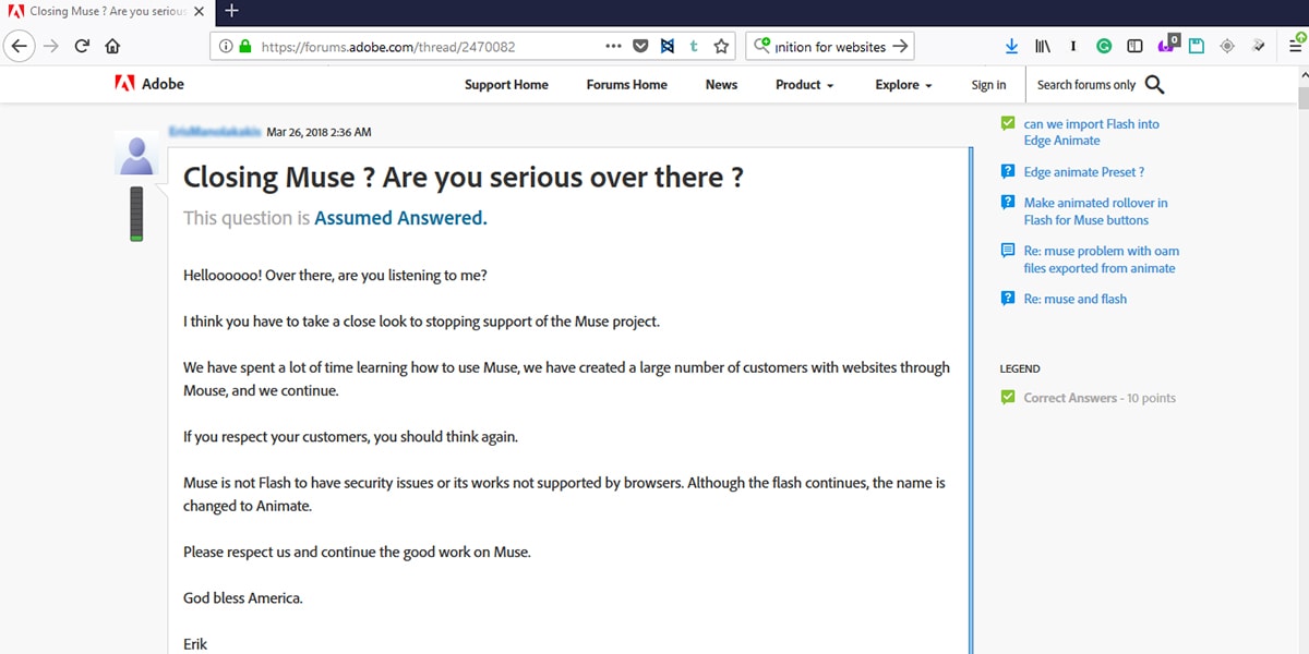 Screenshot of Adobe Muse forum