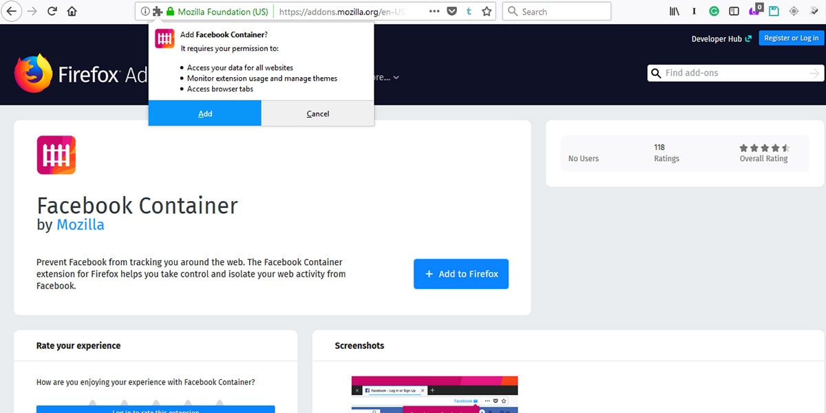 Firefox facebook Container download page