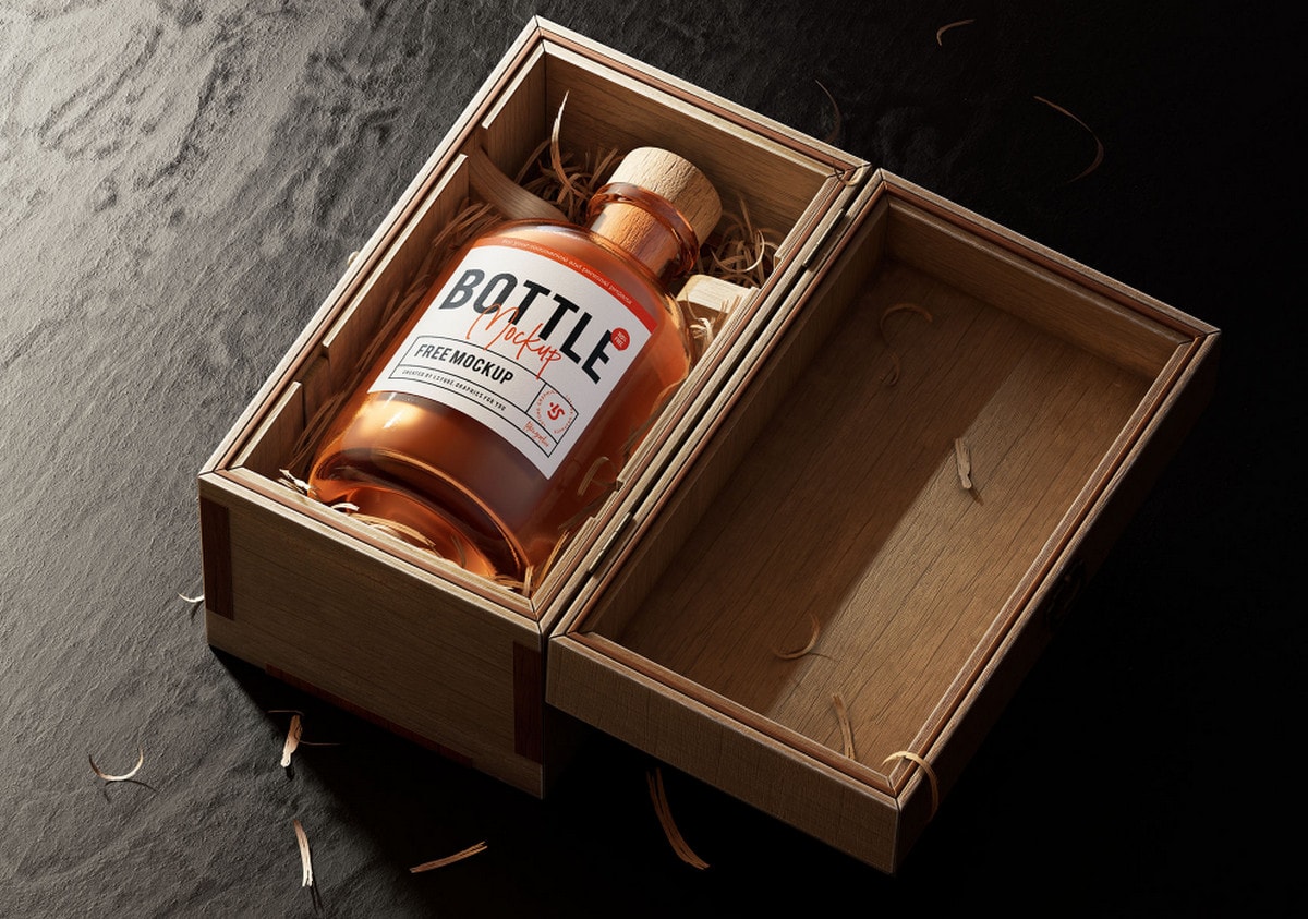 Realistic Mockup of a Bottle inside a Wood Box