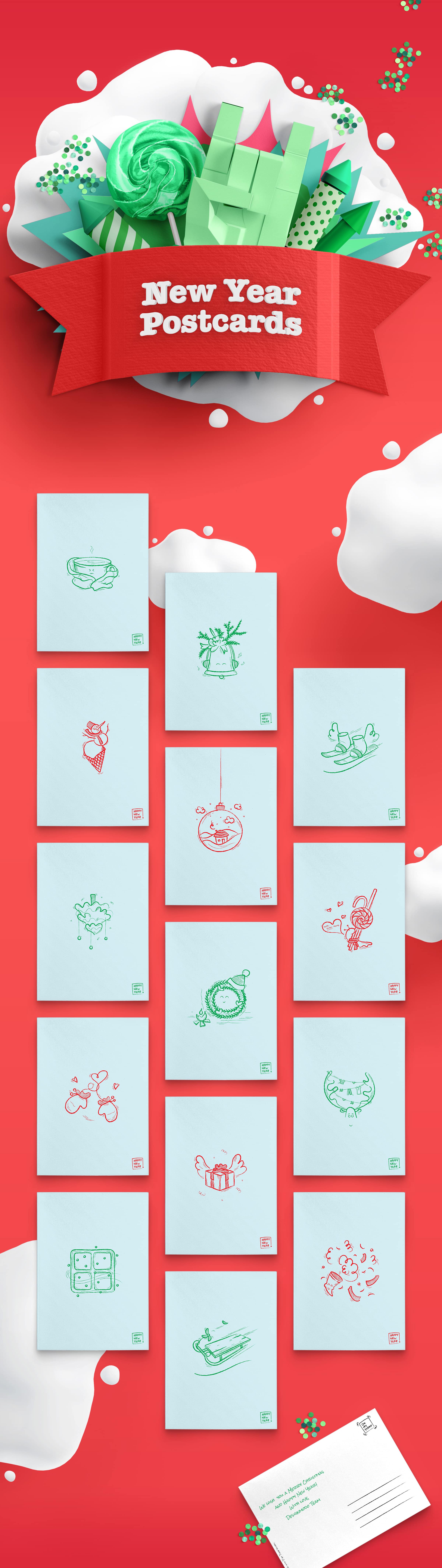 Hand Drawn New Year Postcards (Free PDF)