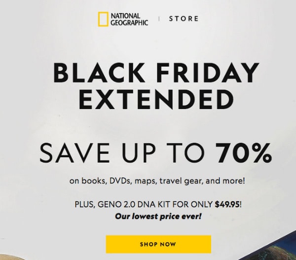 Newsletter électronique étendue du Black Friday par National Geographic