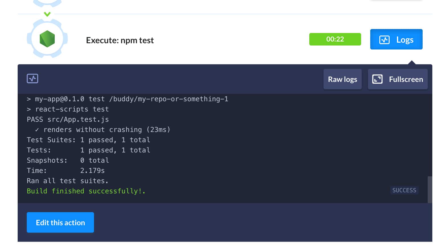 NPM Test Success on Buddy