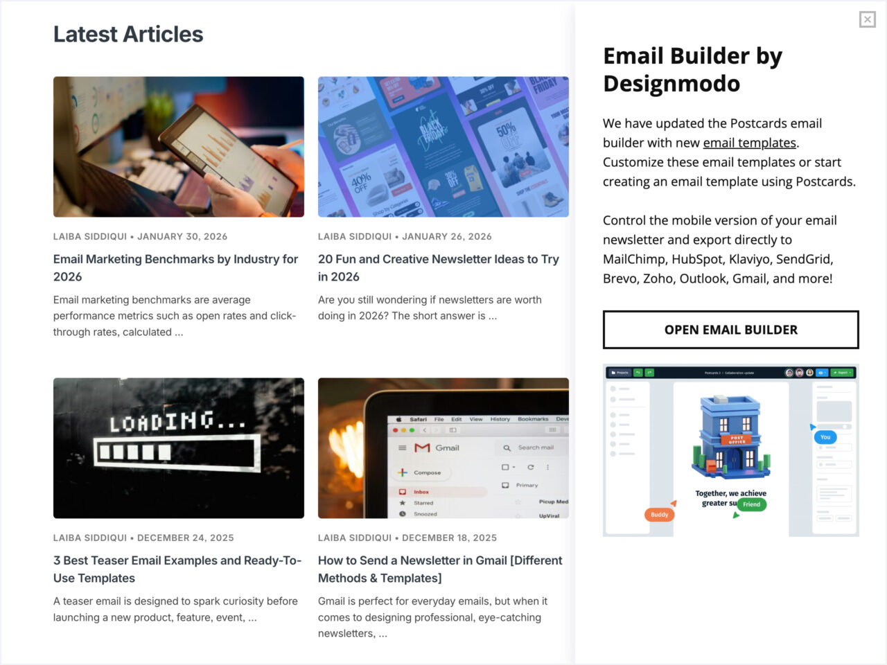 Postcards email builder promoted on the Designmodo blog via a slide-in powered by Getsitecontrol