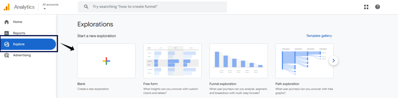 GA+ Exploration report template selection screen