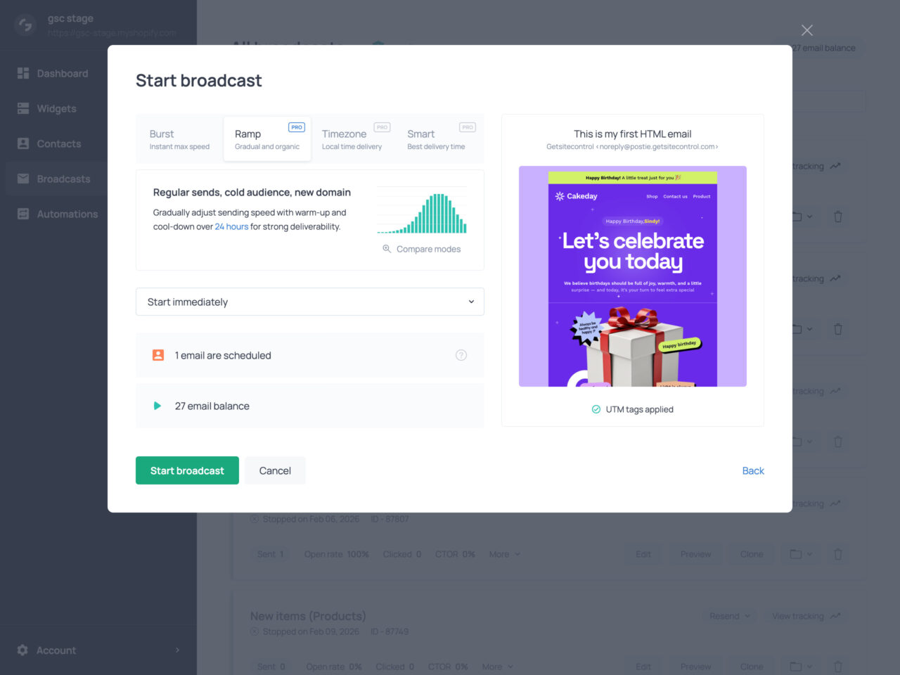 Email broadcast scheduling in Getsitecontrol