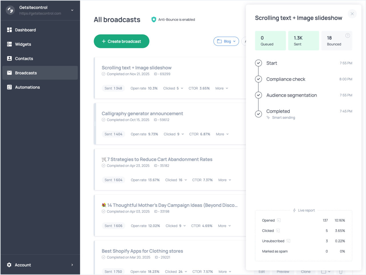 Real-time broadcast delivery tracking in Getsitecontrol