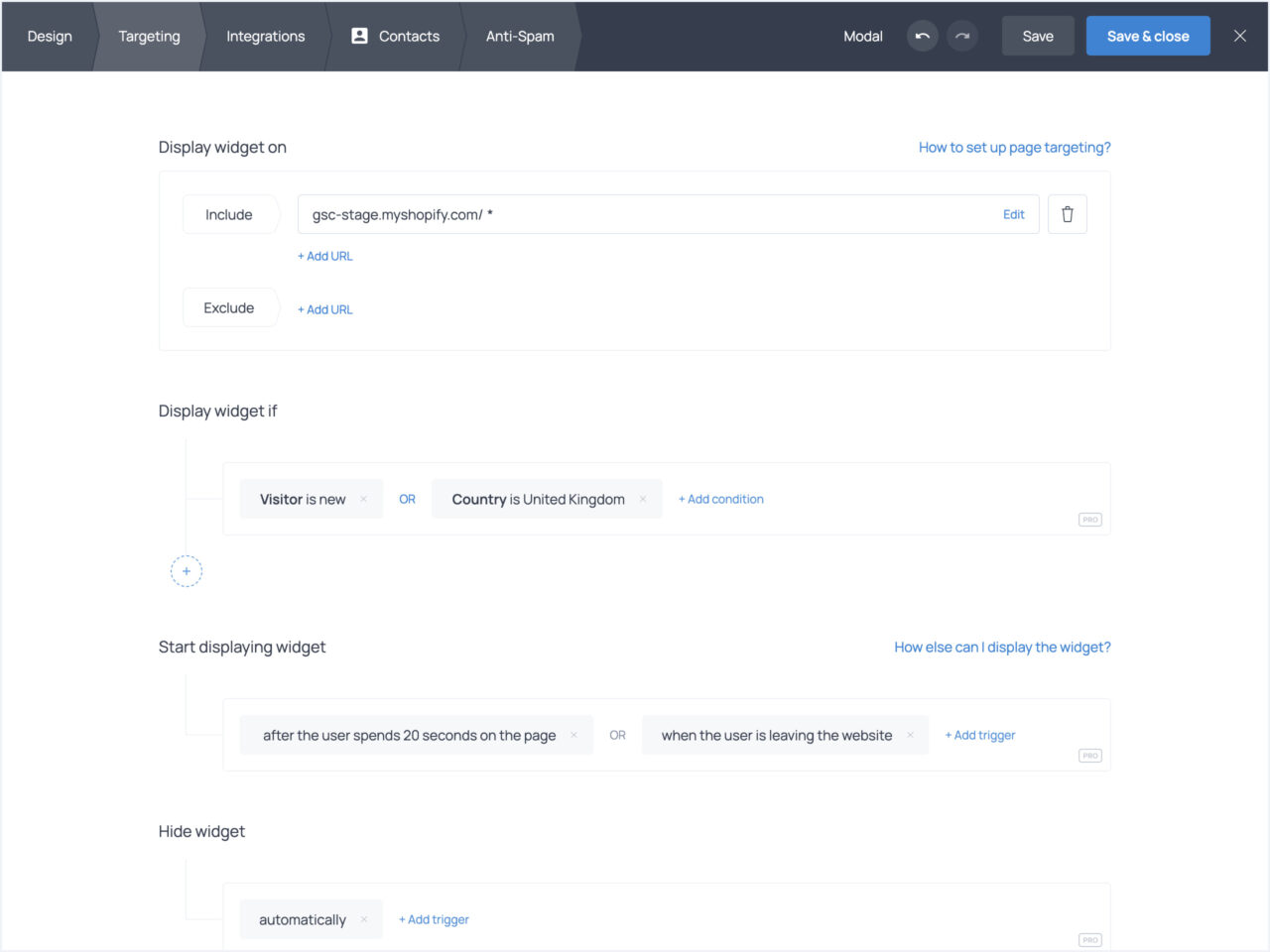 Widget targeting settings in Getsitecontrol
