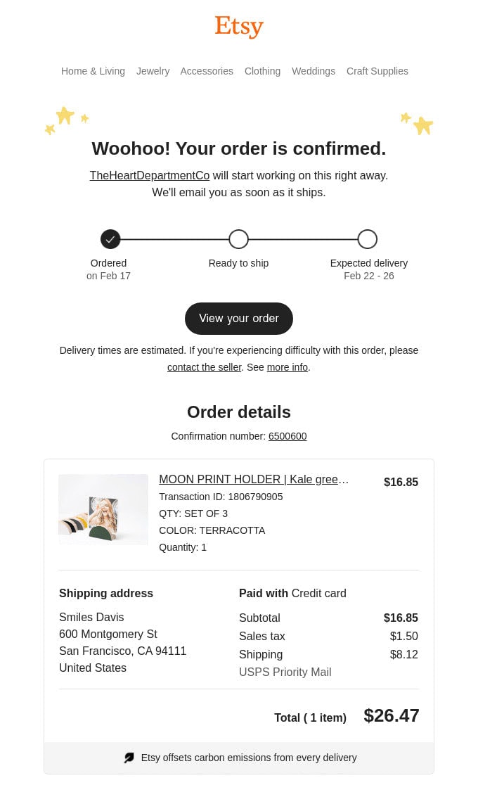Order Confirmation Email Example from Etsy