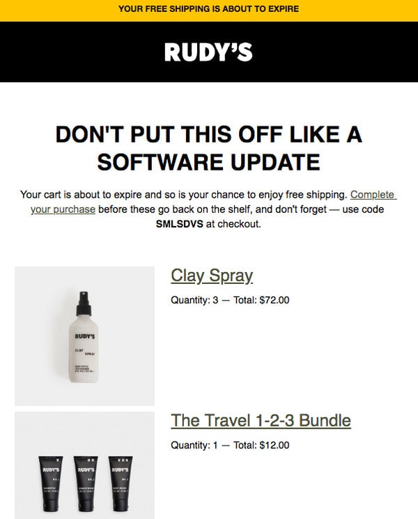 Abandoned Cart Email from Rudy's