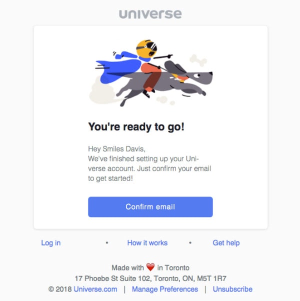 Subscription Confirmation Email Example from Universe