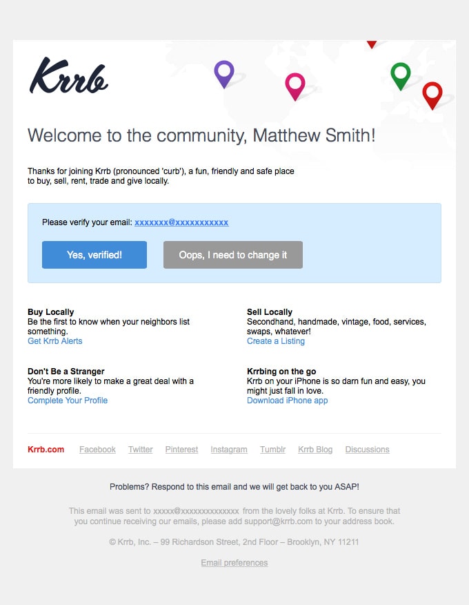 Verification Email Example from Krrb