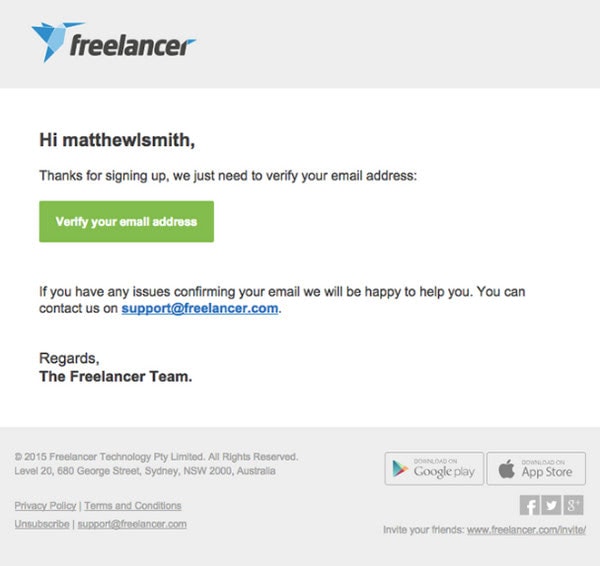 Verification Email Example from Freelancer