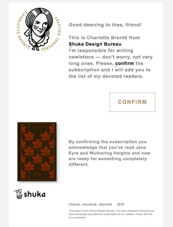 Subscription Confirmation Newsletter Example from Shuka Design Bureau