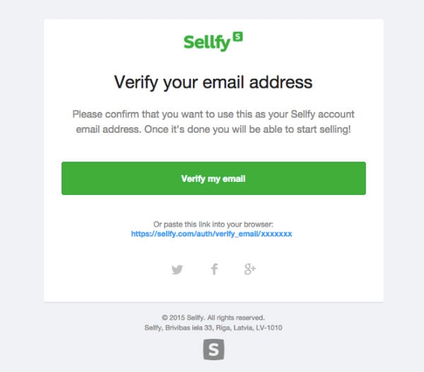 Verification Email Example from Sellfy