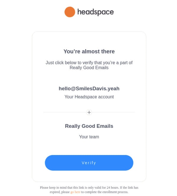 Verification Email Example from Headspace
