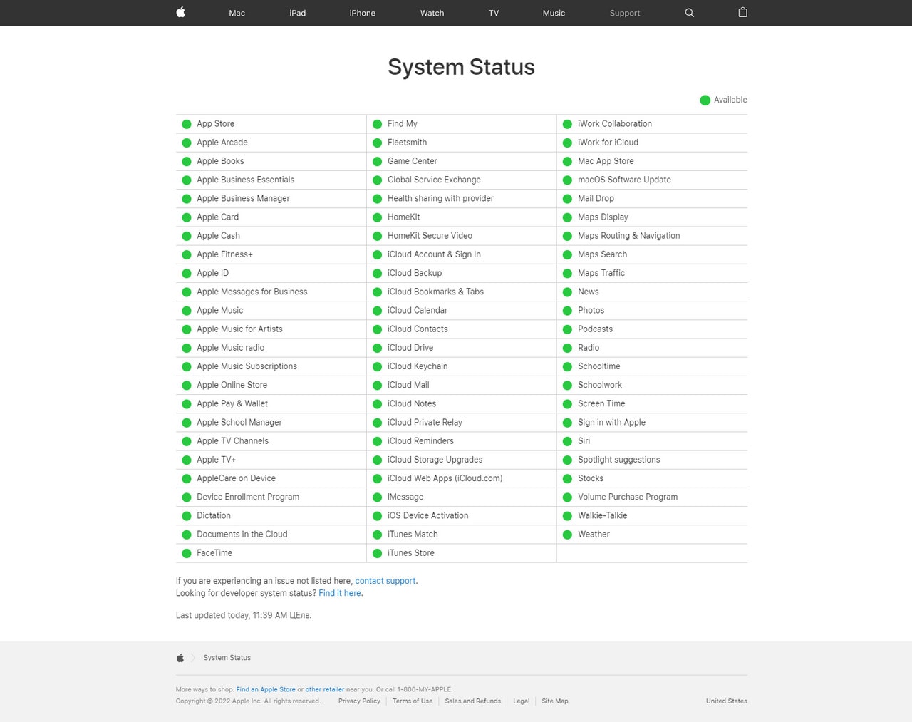Status page by Apple