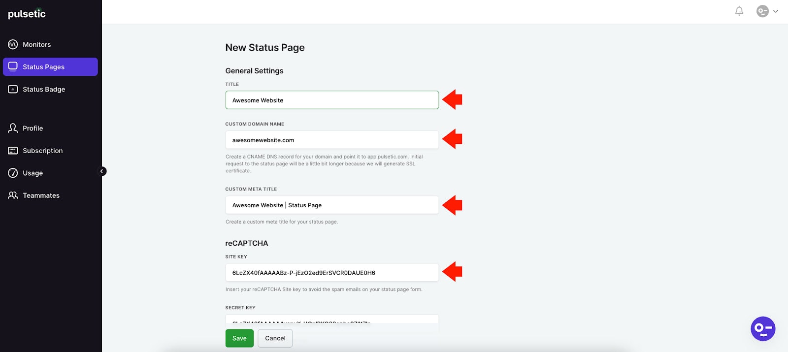 Status page settings