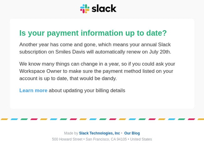 Dunning Email from Slack