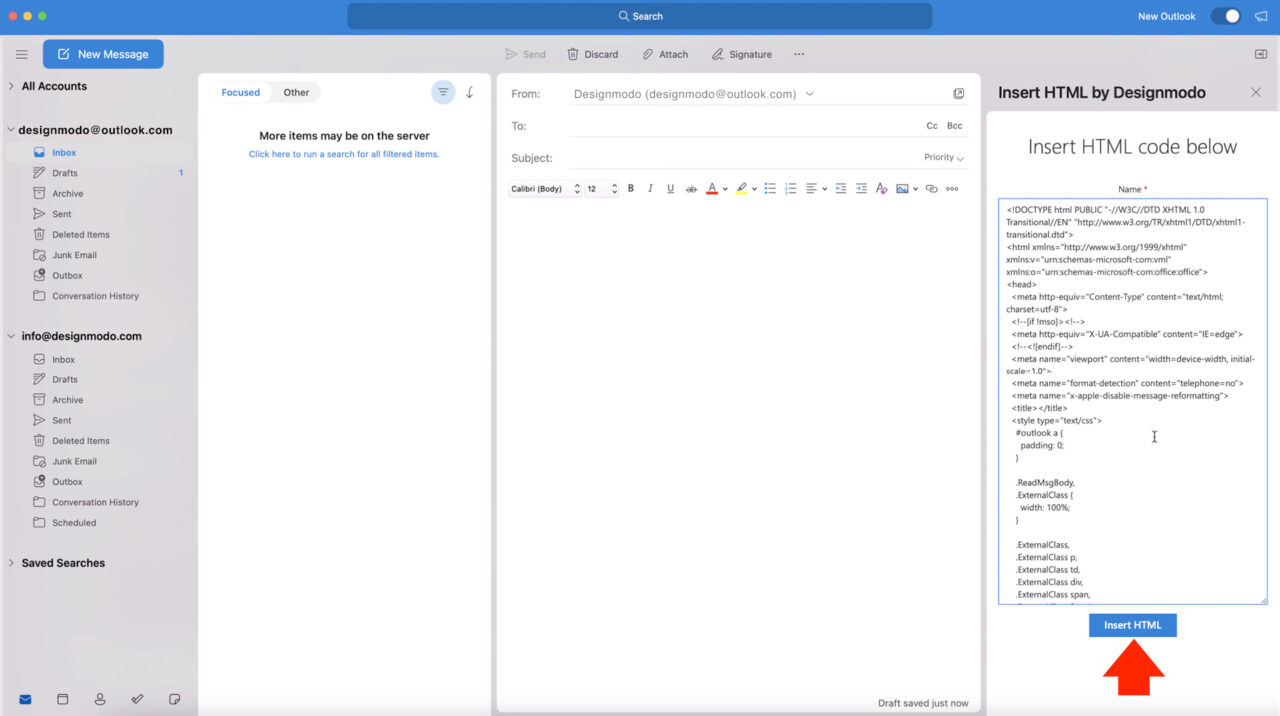 how to embed html in outlook mail