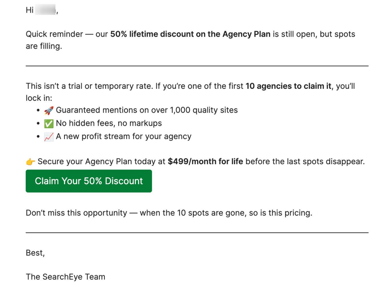 Follow-up email example from Search Eye