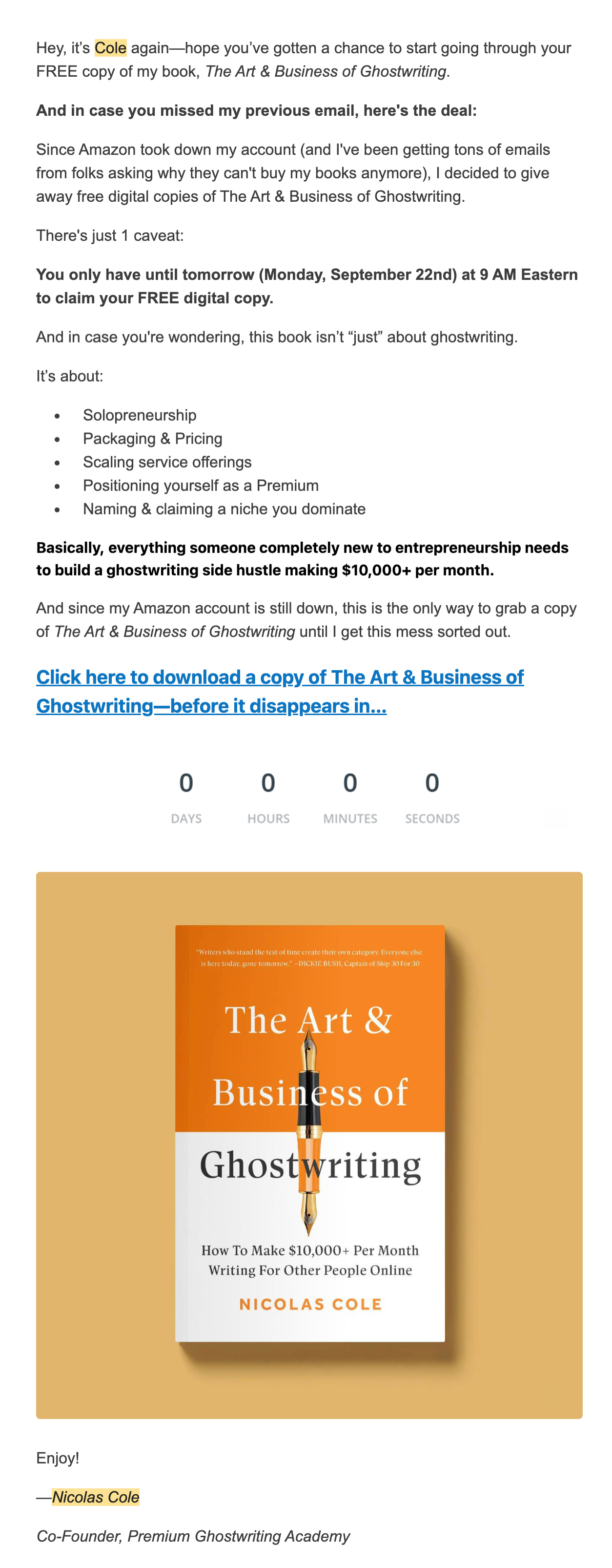 follow-up email example from the art & business of ghostwriting book