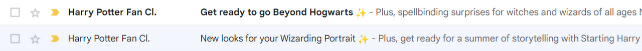 Compelling email subject lines sent by Harry Potter Fan Club