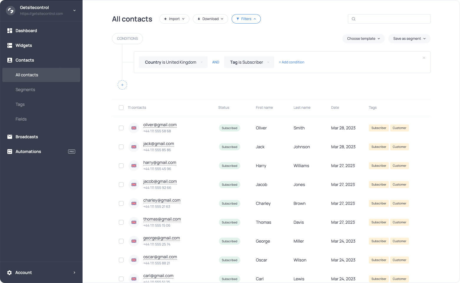 Getsitecontrol Contact database overview