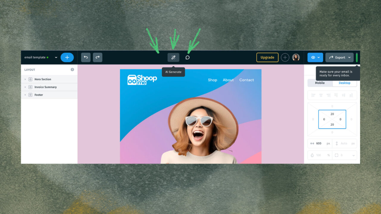 AI Generate button in Postcards email builder
