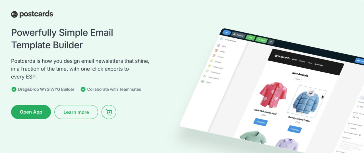 a web page section that includes information about the Postcards email template builder
