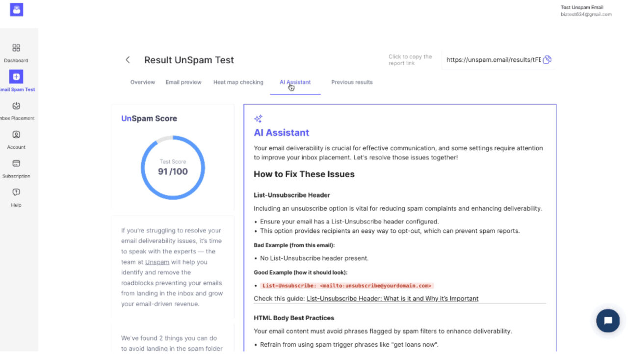 Unspam.email's AI assitant feature that helps finding email deliverability issues