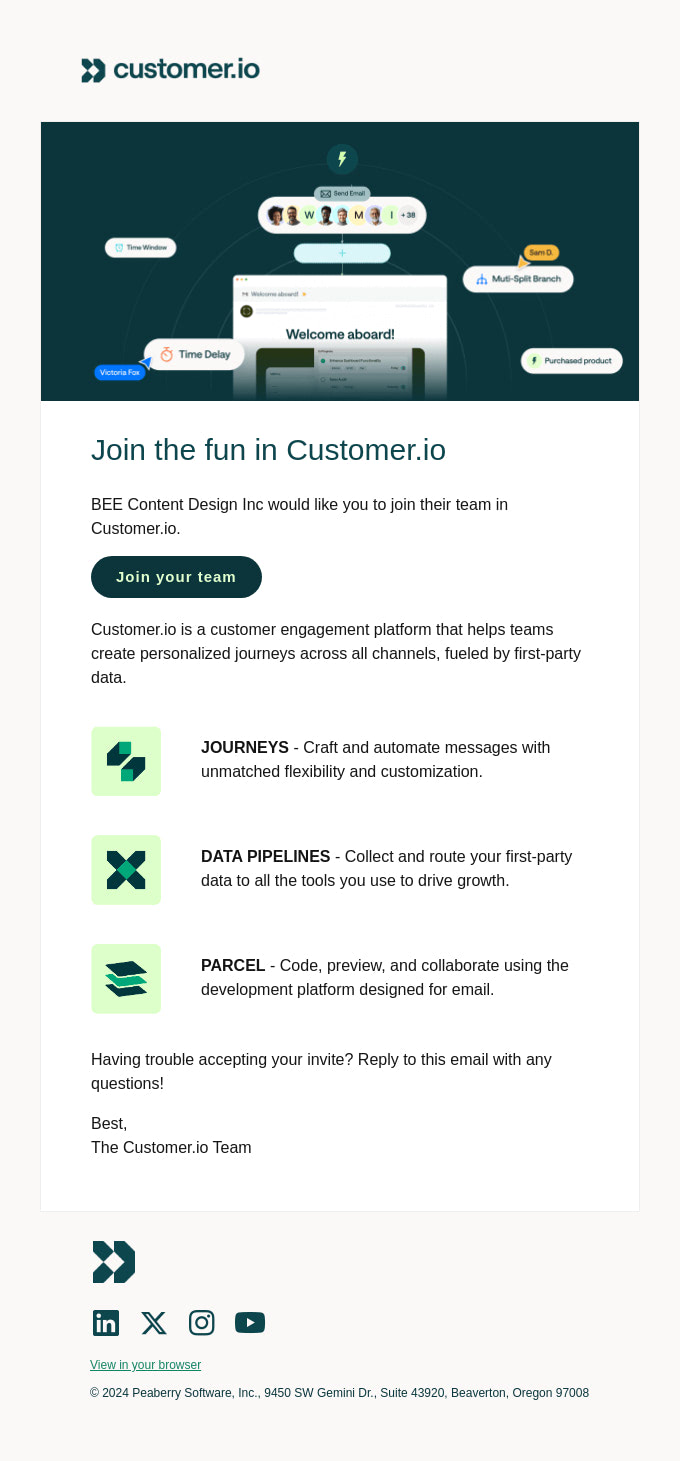 Invite Email from Customer.io