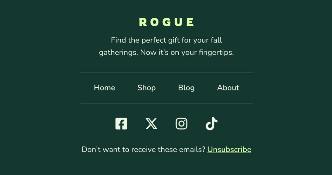 Perfectly highlighted unsubscribe link in Rogue template by Designmodo