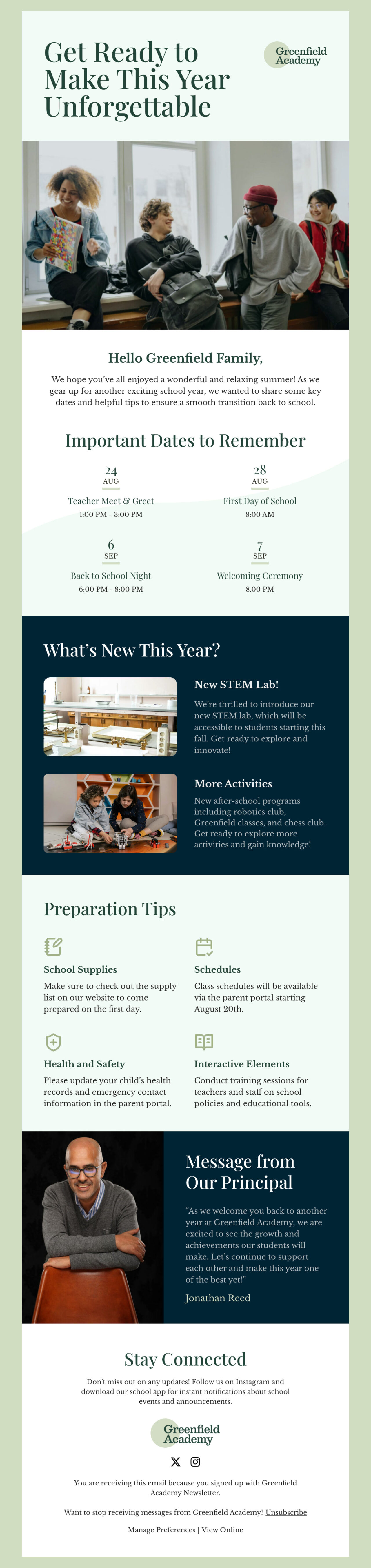 Green Field Academy's email newsletter template