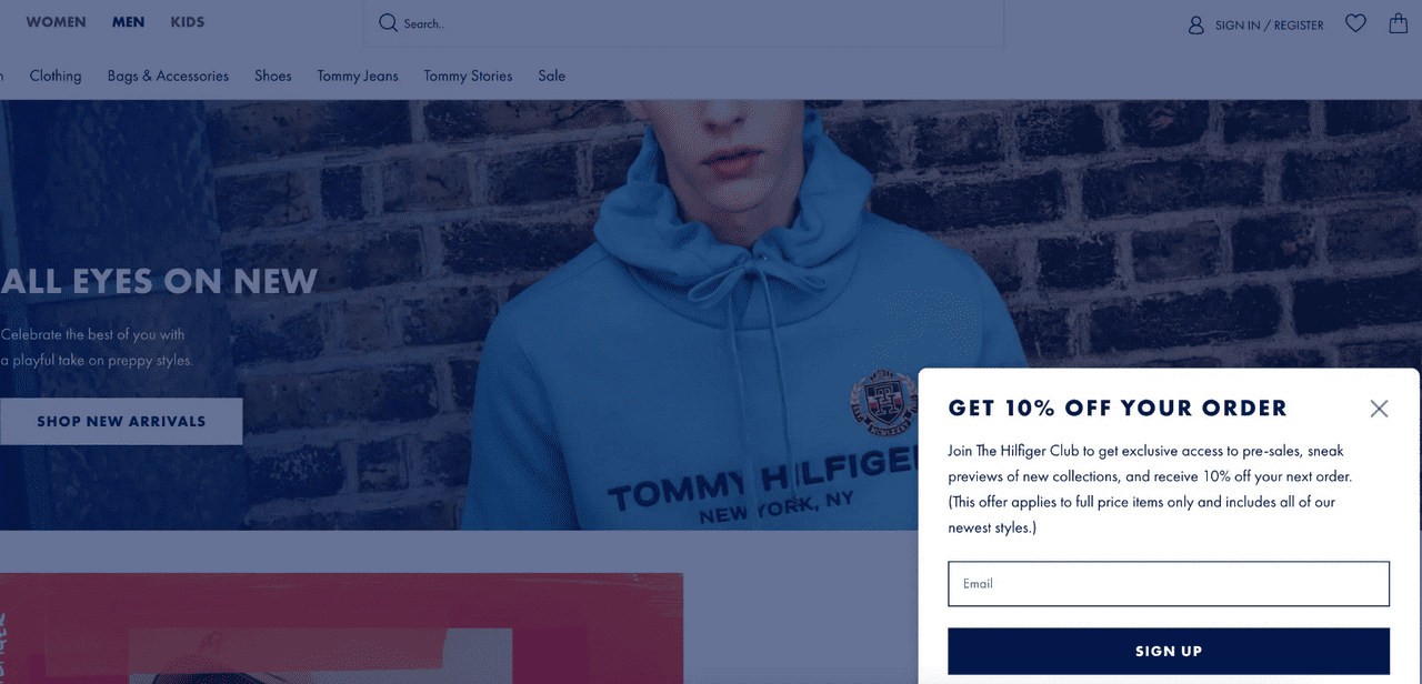 Tommy Hilfiger's email popup example