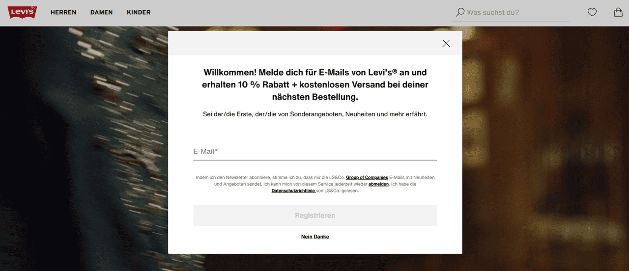 levi's location specific email popup