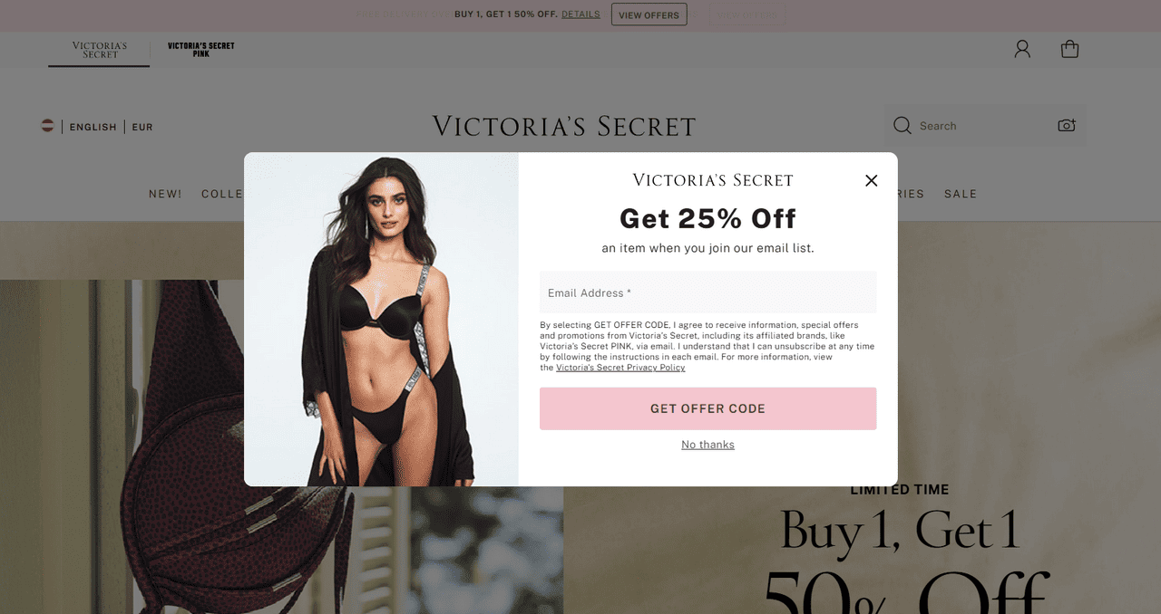 victoria's secret email popup example