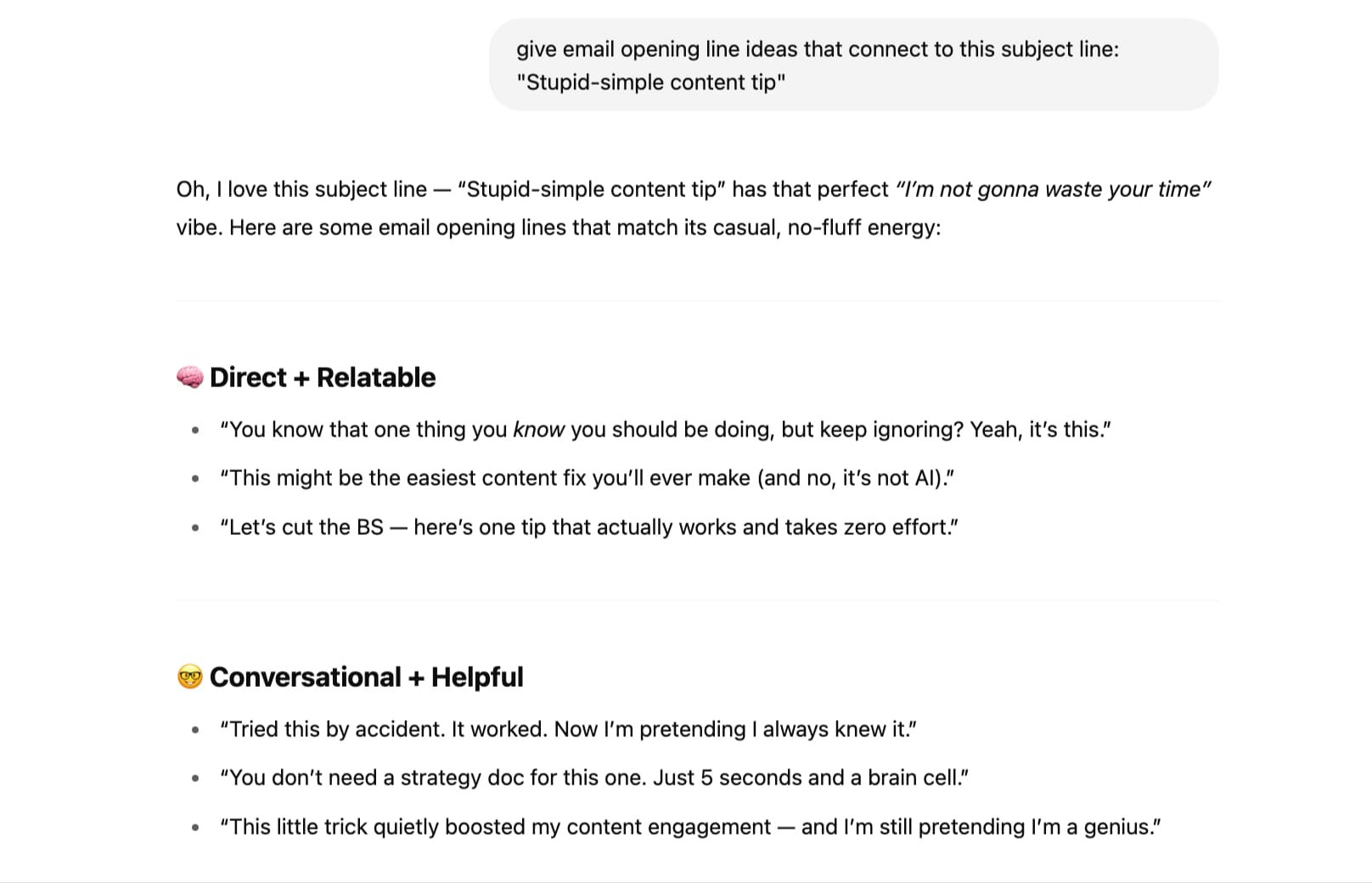 using AI to generate email opening lines for inspiration
