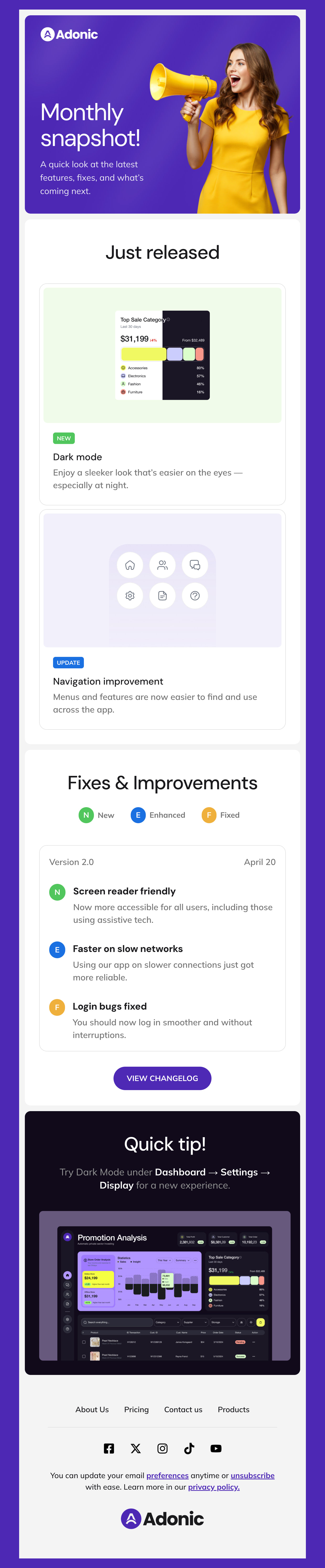 Adonic - Monthly Updates & Changelog Email Template